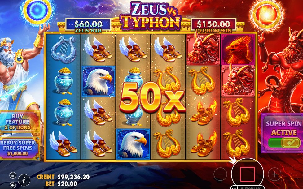 Win screen: 6x4 grid, ZEUS WIN and TYPHON WIN